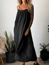 economico disegnare abiti in cotone e lino-Maxi abito da donna abito estivo abito a sottoveste casual quotidiano vestibilità regolare grafico in lino simile senza maniche spalline nere bianche blu khaki estate