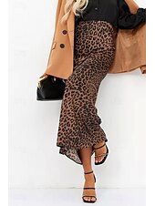 ieftine Fuste grafice-Pentru femei Fustă Casual Maxi Talie Medie Fuste Leopard Imprimeu Micro-elastic Vacanță Stradă Alb Maro Bej Vară Mătase ca satinul