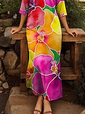abordables Robes fleuries-Femmes Robe maxi Robe T-Shirt Robe fourreau Vacances Occasionnel Boho Extérieur Sortir Coupe régulière Fleuri Graphique Demi Manches Col en V Fuchsia Été Printemps