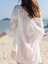 abordables Caftans-Maillots de bain pour femmes Robe de bain Cover Up Maillot de bain en dentelle Mode de vacances Plage Unisexe Manches longues Maillots de bain