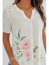 preiswerte Blusen-Damen Hemd Knopfleiste Blumen Stilvoll Modern Kurzarm V Ausschnitt Normale Oberteile Täglich Ferien Patchwork Knöpfe Druck Weiß Sommer