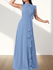 baratos Vestidos para Madrinhas-Vestido de dama de honra em corte A, decote redondo, sem mangas, elegante, longo, chiffon com babados / franzido 2025