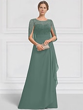 economico Lunghezza del pavimento-Abito per la Madre della Sposa A-Line Blu Verde Elegante Collo a Giro Lunghezza Piena Chiffon Maniche Corte Giacca con Ricamo in Pizzo