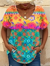 billige Boho t-skjorte-Dame T skjorte Grafisk Geometrisk Årgang Stilfull Klassisk Kortermet V-hals Vanlige topper Daglig Trykt mønster Rosa Blå Lilla Oransje Sommer Vår