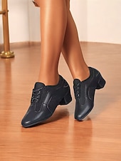 preiswerte Lateinamerikanische Schuhe-Schwarze Latein-Tanzschuhe für Damen aus Mesh und Kunstleder mit niedrigem Absatz – atmungsaktive Schnürschuhe für den Ballsaal zum Üben für Anfänger und Profis