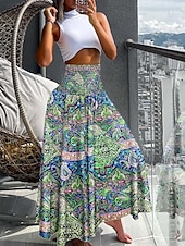 voordelige Grafische rokken-Dames Rok Maxi Rok Bohemia Mode Strandkleding Casual Midi Hoge Taille Rokken Bloemen Paisley Micro-elastisch Vakantie Straat Grijs Groen Zwart Geel Lichtgroen Zomer Polyester