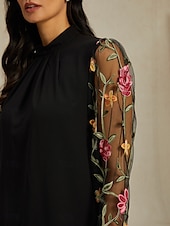 billiga Tunika Toppar-Dam Tunika Ensfärgat Nät Broderad Dagligen Elegant Ledigt Långärmad Rund hals Svart Vår Höst
