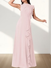 baratos Vestidos para Madrinhas-Vestido de dama de honra em corte A, decote redondo, sem mangas, elegante, longo, chiffon com babados / franzido 2025