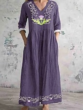 halpa Mekot-Naisten Midimekko Puuvillapellavamekko Boho-mekko Klassinen Moderni ulko- Loma Pyhäpäivä Normaali Kukka Pitkähihainen V kaula-aukko Purppura Ruskea Aprikoosi Beesi Kesä