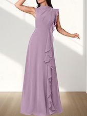 baratos Vestidos para Madrinhas-Vestido de dama de honra em corte A, decote redondo, sem mangas, elegante, longo, chiffon com babados / franzido 2025