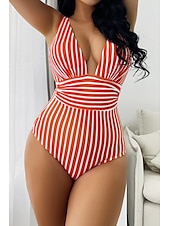 abordables Maillots de bain une pièce-Femmes Maillots de Bain Une Pièce Maillot de bain Dos nu Tropical Tenues de plage Rayé Fil en V Sans manches Maillots de bain