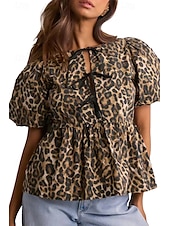 cheap Women&#039;s Graphic Tops-Women&#039;s Blouse Leopard Active Modern Short Sleeve Crew Neck Regular Tops Daily Going out Ruched Brown Summer