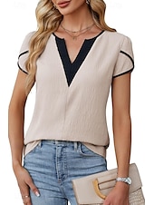 abordables Hauts Unis pour Femmes-Femmes Chemisier Bloc de Couleur Moderne Occasionnel Manche Courte Col en V Hauts Réguliers Fête Sortir Patchwork Noir Blanche Vert Abricot Été