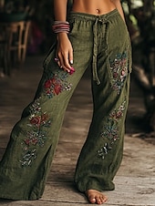  Pantalon large pour femme style bohème, longueur totale, imprimé floral naturel, poches, cordon de serrage élastique, confortable, extérieur, vacances, week-end, vert, été, coupe régulière