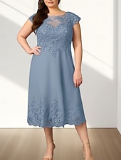 abordables Longueur du thé-Robe Mère de la Mariée A-Line Invité de Mariage Élégante Col Ronde Mi-Longue en Chiffon À Manches Courtes avec Appliques Robe Midi 2025
