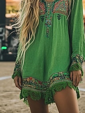 cheap Boho Dress-Women&#039;s Mini Dress Boho Dress Western Dress Fashion Modern Daily Holiday Going out Regular Fit Flower Long Sleeve Square Neck Green Summer