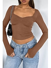 ieftine tricou simplu-Pentru femei Bluză Simplu Modern Manșon Lung Pătrat Crop Tops Zilnic Concediu Ieșire Negru Alb Verde Militar Roșu-aprins Albastru piscină Vară