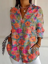 voordelige Bloemen tops-Dames Overhemd Bloemig Gestreept Stijlvol Modern Lange mouw Overhemdkraag Normale tops Dagelijks Feestdagen Zak Knop Afdrukken blauw Paars Fuchsia Oranje Zomer