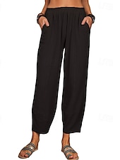 baratos Calça de linho de algodão simples-Mulheres Calças de linho de algodão Calças Roupa de rua Casual Comprimento total Natural Tecido Bolsos Cintura elástica Confortável Para Noite Final de semana Vinho Cinzento Preto Branco Verão Normal