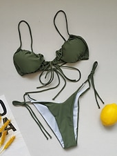 abordables Ensemble de bikinis-Maillots de bain pour femmes Bikini 2 pièces Maillot de bain thong Dos nu Slim Mode de vacances Couleur unie Col en V Sans manches Maillots de bain