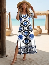 billiga Boho klänningar-Dam Midiklänning Solklänning A linjeklänning Semester Ledigt Boho Fjäril Semester Strand Normal Blommig Grafisk Kortärmad Rund halsringning vit blå Vit Blå Grön Sommar