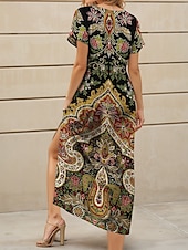 abordables Robes Boho-Femmes Robe Midi Robe d&#039;Été Robe trapèze Robe d&#039;été Vacances Occasionnel Coupe Ample Fleuri Graphique Vintage Manche Courte Col en V Jaune Rouge Bleu Violet Été Printemps Automne