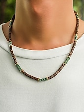 abordables Bijoux pour hommes-Collier de perles en bois naturel pour homme avec des accents turquoise, style surfeur bohème, bijoux réglables pour la plage, les festivals et les tenues décontractées