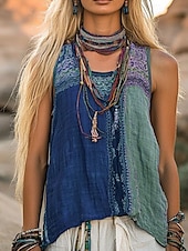 preiswerte Boho Tops-Damen Westernbluse Boho-Hemd Bluse Farbblock Blume Lässig Boho Ärmellos V Ausschnitt Normale Oberteile Täglich Ferien Patchwork Druck Wein Blau Purpur Fuchsie Grün Sommer