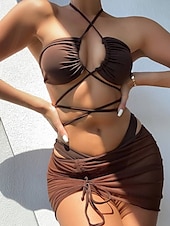 olcso 3 részes bikini szett-Női Fürdőruha Bikini Három darab Fürdőruha Kivágott Tropikus Strandruházat Sima Kötőfék nyaka Ujjatlan Fürdőruhák