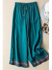 お買い得  プレーンコットンリネンパンツ-女性用 コットンリネンパンツ スラックス ファッション ストリートファッション 全長 ナチュラルウエスト フラワー 刺繍 プリント 弾性巾着デザイン 屋外 快適 祝日 週末 アプリコット ブラック ホワイト ブルー 夏 レギュラー