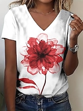 billige Blomster t-skjorte-Dame T skjorte Sommertopper Blomstret Grafisk Klassisk Fritid Kortermet V-hals Crop Tops Daglig Helg Trykt mønster Gul Rød Lilla Grønn Lyseblå Sommer Vår Høst