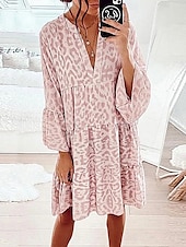 billiga Blommiga klänningar-Dam Mini klänning Volangkjol Ledigt Utomhus Utekväll Lös passning Grafisk Leopard 3/4 ärm V-hals Svart Vit Rodnande Rosa Blå Sommar