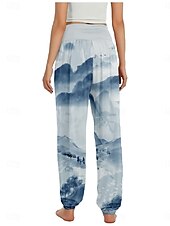 billiga Grafisk linnebyxa i bomull-Dam Linneinspirerade byxor Brett skaft Byxor Etnisk Stil Ledigt Boho Fullängd Hög midja Blommig Ficka Elastisk midja Tryck Mateial som andas Mjuk Microelastisk Utomhus Yoga Flodblå Blå Grön Beige