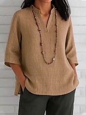 economico Camicie-camicetta da donna in cotone e lino, tinta unita, elegante, vintage, alla moda, manica a 3/4, scollo a V, top normali, per tutti i giorni, per le vacanze, rosso, blu, verde, kaki, estate, primavera