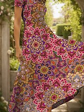 abordables Robes Boho-Femmes Robe maxi Robe Décontractée Robe trapèze Robe d&#039;été Vacances ancien Ethnique Coupe régulière Graphique Géométrique Motif cachemire damassé bohème Manche Courte Col carré Rouge Bleu Ét