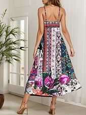billiga Boho klänningar-Dam Maxiklänning Solklänning A linjeklänning Slipklänning Ledigt Strand Normal Blommig Grafisk Geometrisk Ärmlös V-hals Smala axelband Rodnande Rosa Purpur Grön Sommar Vår