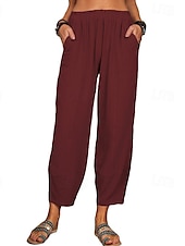 baratos Calça de linho de algodão simples-Mulheres Calças de linho de algodão Calças Roupa de rua Casual Comprimento total Natural Tecido Bolsos Cintura elástica Confortável Para Noite Final de semana Vinho Cinzento Preto Branco Verão Normal