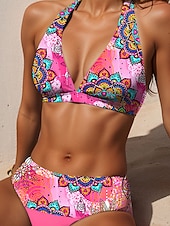 cheap Bikini Sets-Women&#039;s Swimsuits Bikini 2 Piece Cheeky Swimsuit Halter Vintage Sexy Graphic Geometric Plunge Sleeveless Bathing Suits