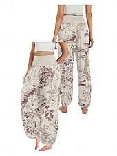 billiga Grafisk linnebyxa i bomull-Dam Linneinspirerade byxor Brett skaft Byxor Etnisk Stil Ledigt Boho Fullängd Hög midja Blommig Ficka Elastisk midja Tryck Mateial som andas Mjuk Microelastisk Utomhus Yoga Flodblå Blå Grön Beige