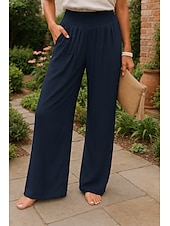 economico Pantaloni in lino e cotone semplici-Per donna Gamba larga Pantaloni in cotone e lino Chinos Moda Streetwear Comfort Lunghezza intera Vita Alta Semplice Tasca Fascia Elastica Comodo All&#039;aperto Confortevole Streetwear Abbigliamento