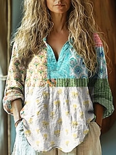 olcso Boho felsők-Női Ing Virágos Csehország Szüret Hawaii Hosszú ujj Állógallér Normál felsők Napi Szabadság Gombok Nyomtatott Fekete Fehér Sötétkék Medence Bíbor Nyár