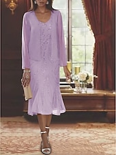 voordelige Met Jas-Strand Bruiloft Twee Delige Zeemeermin Moeder van de Bruid Jurk Formele Bruiloft Gast Elegante Luxe V Hals Thee Lengte Chiffon Mouwloos Wikkel Inclusief met Beading Pailletten 2025 gratis op maat