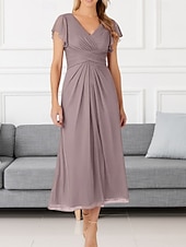 cheap Wedding Guest Dresses-A-Line Wedding Guest Dresses Elegant Dress Wedding Guest Engagement Tea Length Short Sleeve V Neck Chiffon with Pleats Ruched