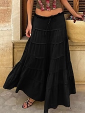 abordables Jupes unies-Jupe Femme Jupe Maxi A-Line Couleur Unie Mode Décontractée Maxi Taille Haute Jupes Unies Poche Impression Micro-Élastique Rue Quotidienne Noir Blanc Orange Vert Été Mélange Polyester Coton