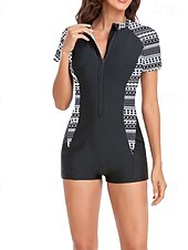 abordables Maillots de bain une pièce-Femmes Maillots de Bain Une Pièce Maillot de bain Zip Up Patchwork Tropical Tenues de plage Fleur Col rond Manches courtes Maillots de bain