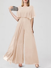 baratos Macacões da mamãe-Jumpsuits para Convidadas de Casamento Elegantes Formais Comprimento Longo Mangas Curtas Decote Joaninha Chiffon com Franjas 2025 tamanho personalizado gratuito