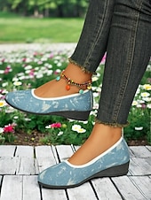 ieftine Pantofi Joși de Damă-pantofi cu pană de balet din denim pentru femei – pantofi confortabili cu vârf rotund pentru ieșiri casual, picnicuri de primăvară și plimbări în grădină