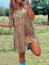 billiga Boho-toppar-Dam Mini klänning Tofsklänning Mode Modern Utomhus Semester Helgdag Normal Slät Ärmlös V-hals Kamel Sommar