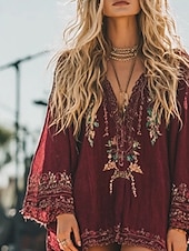 ieftine Rochii Boho-Pentru femei Rochii Midi Rochie Boho Epocă Clasic Vacanță Zilnic Concediu Fit regulat Floare Manșon Lung În V Roșu-aprins Vară