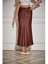 ieftine Fuste simple-Pentru femei Fustă Elegant Modă Maxi Talie Medie Fuste Simplu Cordon Micro-elastic Vacanță Stradă Roșu Vin Bleumarin Negru Șampaniu Vară Mătase ca satinul